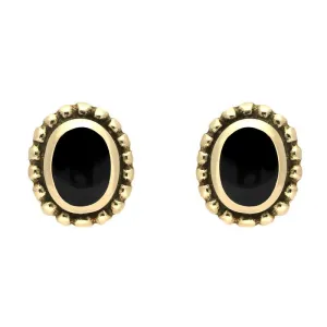 9ct Yellow Gold Whitby Jet Oval Bobble Edge Stud Earrings