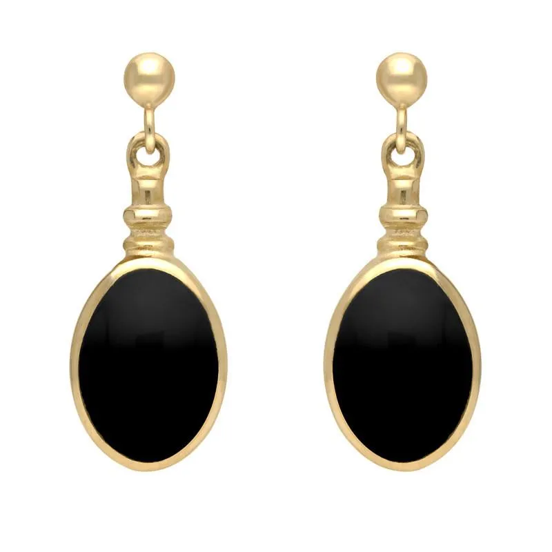 9ct Yellow Gold Whitby Jet Oval Bottletop Drop Earrings