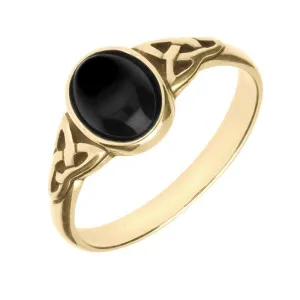 9ct Yellow Gold Whitby Jet Oval Celtic Shoulder Ring