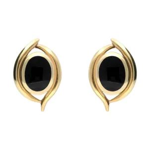 9ct Yellow Gold Whitby Jet Oval Double Fleur Stud Earrings