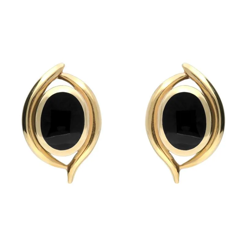 9ct Yellow Gold Whitby Jet Oval Double Fleur Stud Earrings