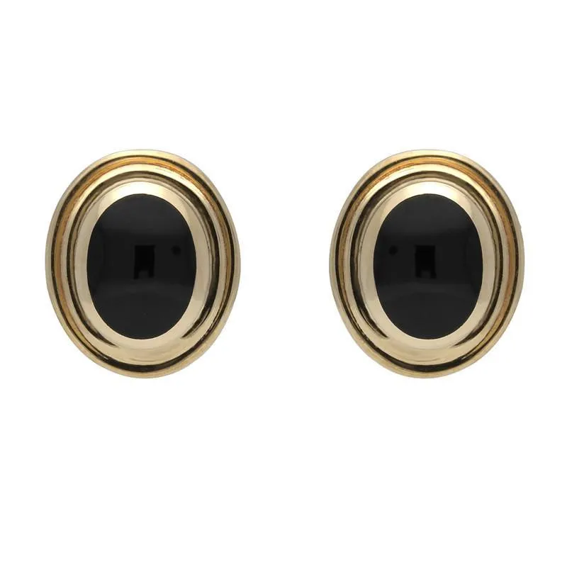 9ct Yellow Gold Whitby Jet Oval Ribbed Edge Stud Earrings