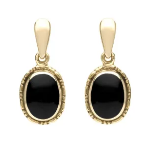9ct Yellow Gold Whitby Jet Oval Rope Edge Drop Earrings