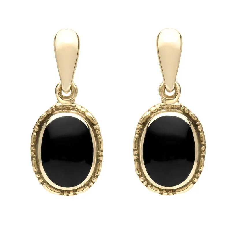 9ct Yellow Gold Whitby Jet Oval Rope Edge Drop Earrings