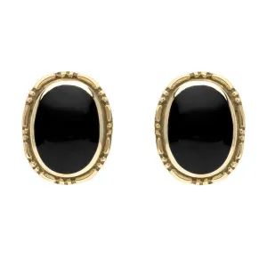 9ct Yellow Gold Whitby Jet Oval Rope Edge Stud Earrings