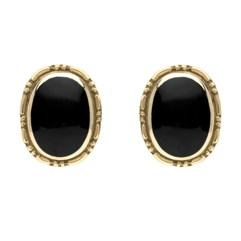 9ct Yellow Gold Whitby Jet Oval Rope Edge Stud Earrings