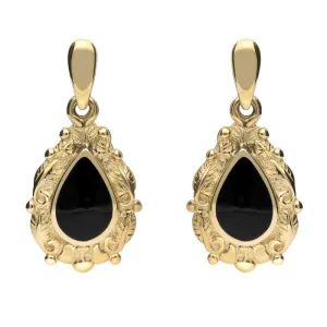 9ct Yellow Gold Whitby Jet Pear Shaped Leaf Drop Earrings