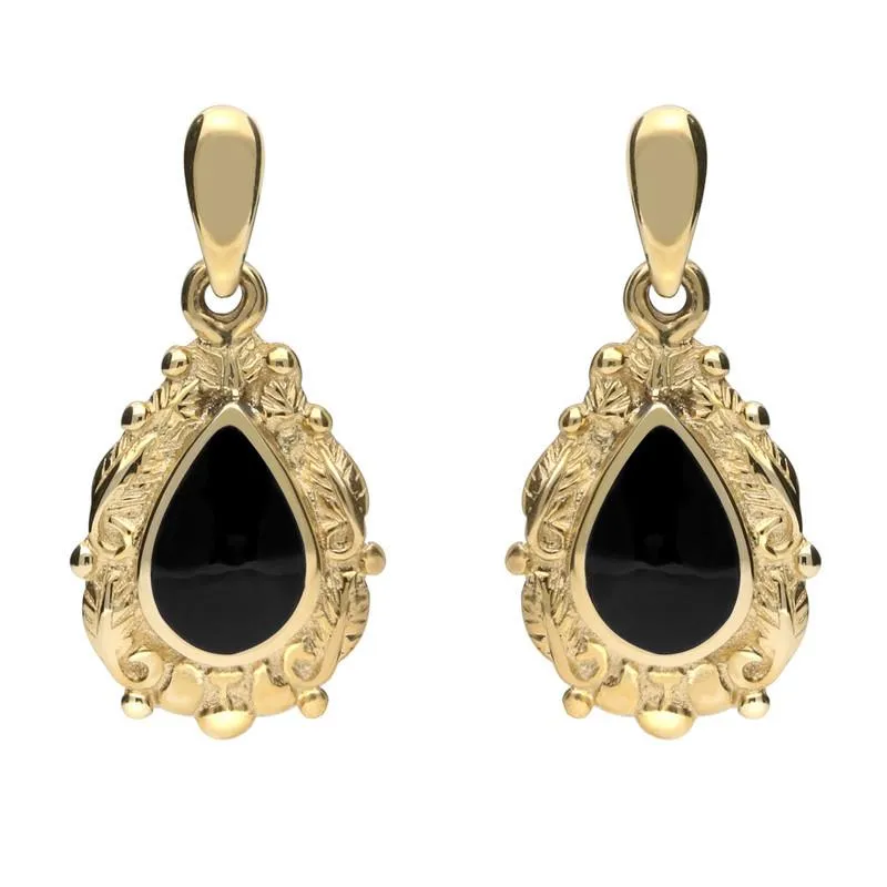 9ct Yellow Gold Whitby Jet Pear Shaped Leaf Drop Earrings