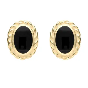 9ct Yellow Gold Whitby Jet Rope Edge Oval Stud Earrings