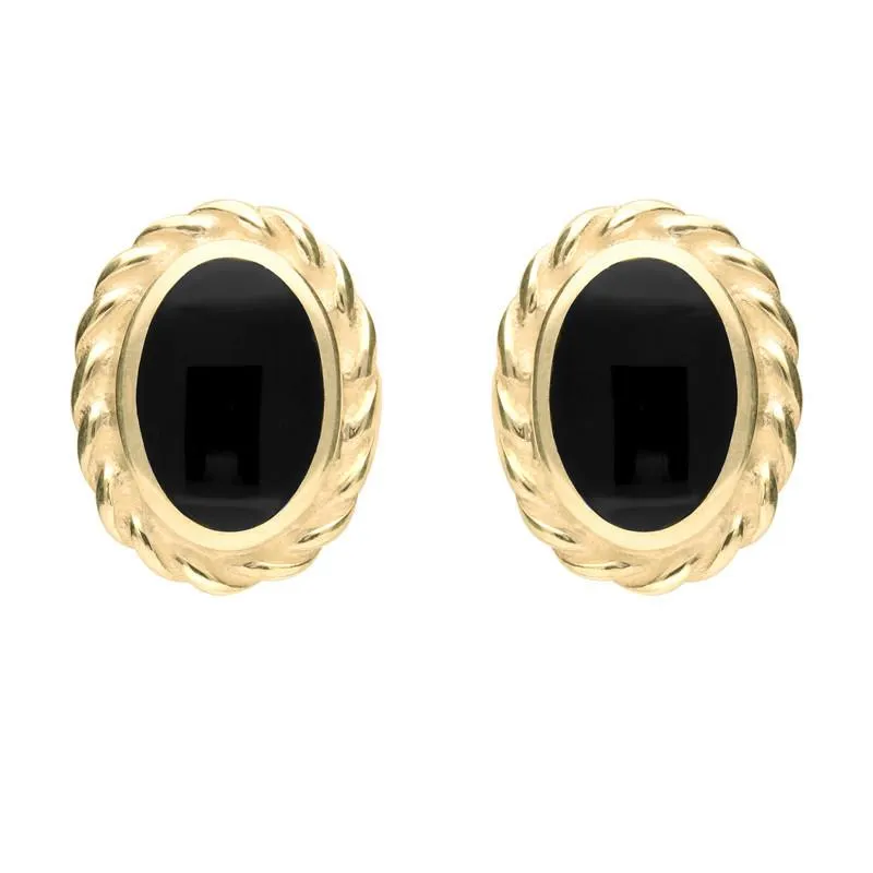 9ct Yellow Gold Whitby Jet Rope Edge Oval Stud Earrings