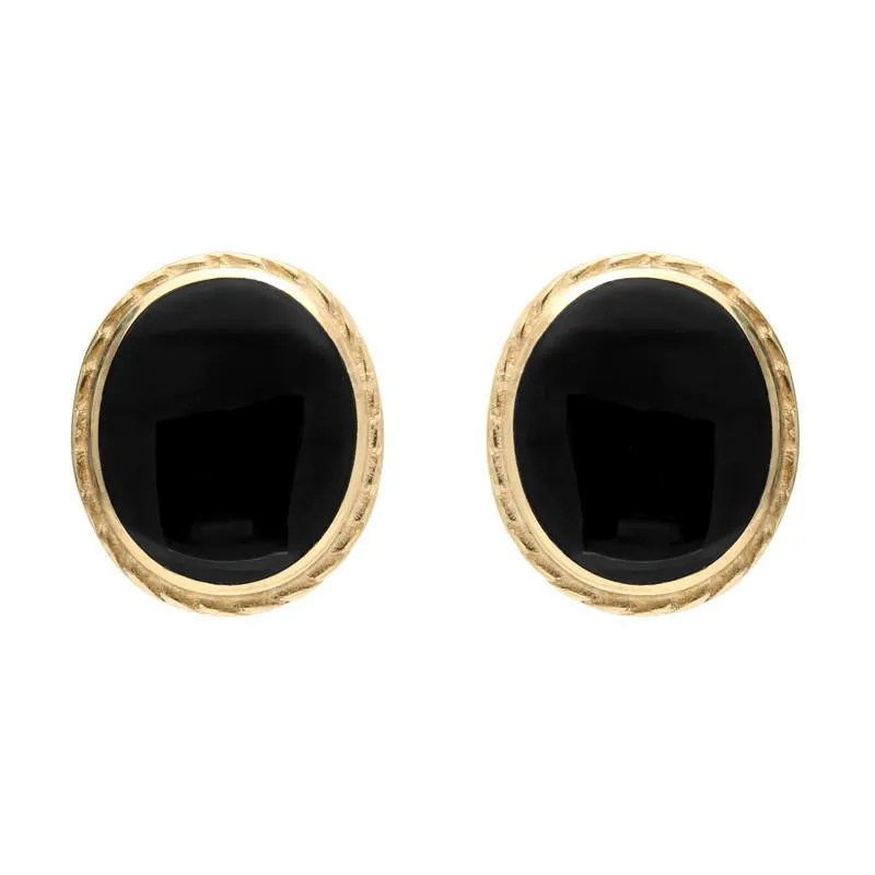 9ct Yellow Gold Whitby Jet Rope Edge Oval Stud Earrings