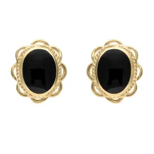 9ct Yellow Gold Whitby Jet Rope Frill Edge Oval Stud Earrings