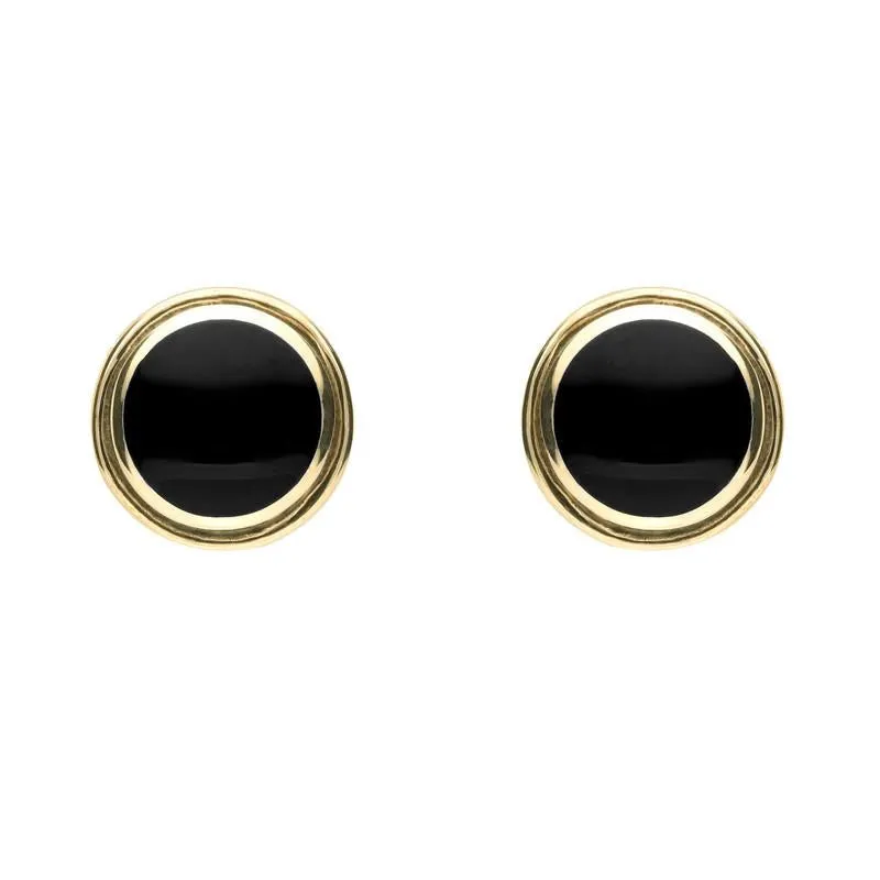 9ct Yellow Gold Whitby Jet Round Plain Edged Stud Earrings