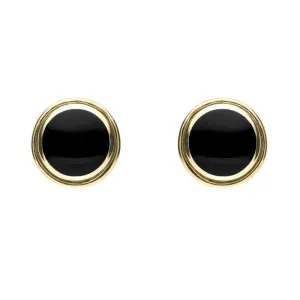 9ct Yellow Gold Whitby Jet Round Plain Edged Stud Earrings