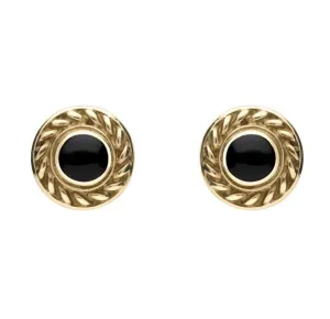9ct Yellow Gold Whitby Jet Round Rope Edge Stud Earrings