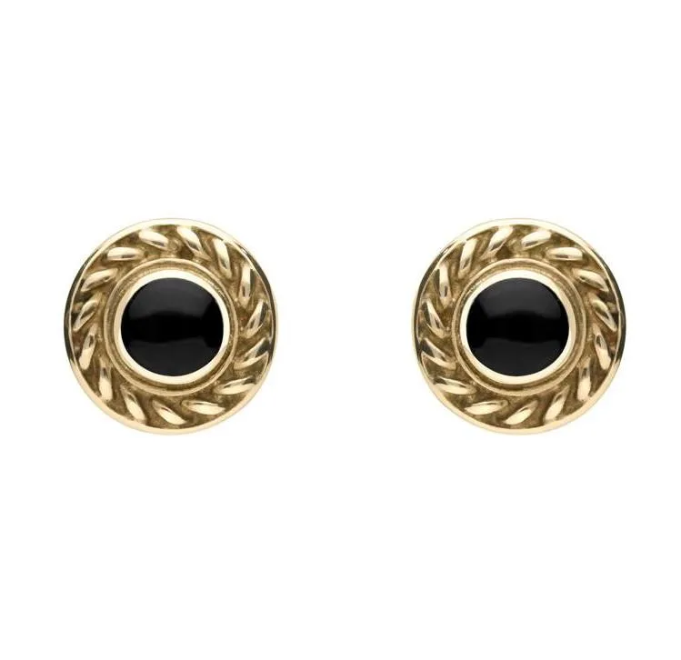 9ct Yellow Gold Whitby Jet Round Rope Edge Stud Earrings