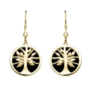 9ct Yellow Gold Whitby Jet Round Tree of Life Drop Earrings