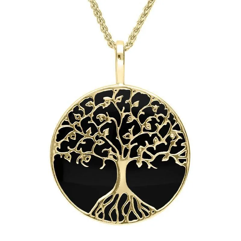 9ct Yellow Gold Whitby Jet Round Tree Of Life Necklace