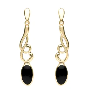 9ct Yellow Gold Whitby Jet Scroll Drop Earrings