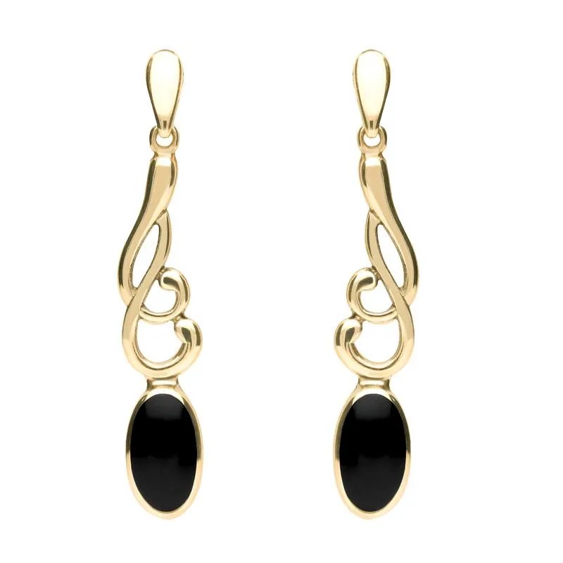 9ct Yellow Gold Whitby Jet Scroll Drop Earrings