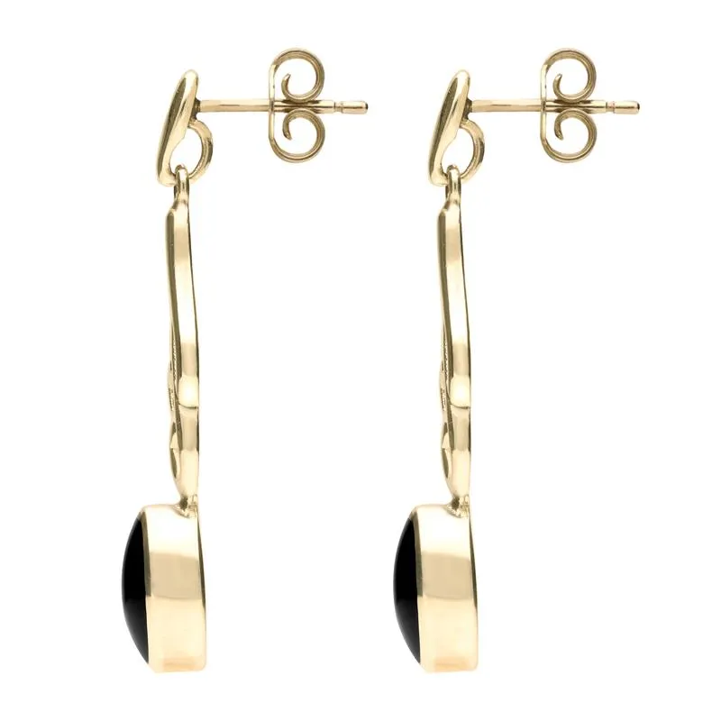 9ct Yellow Gold Whitby Jet Scroll Drop Earrings