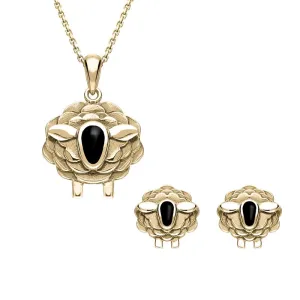 9ct Yellow Gold Whitby Jet Sheep Two Piece Set