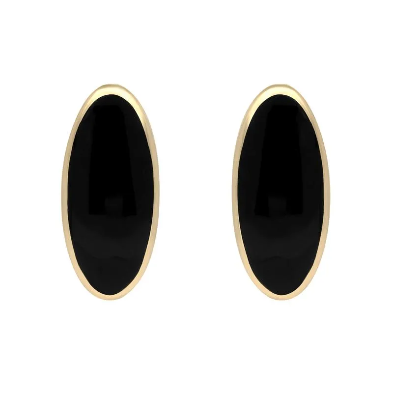 9ct Yellow Gold Whitby Jet Small Long Oval Stud Earrings