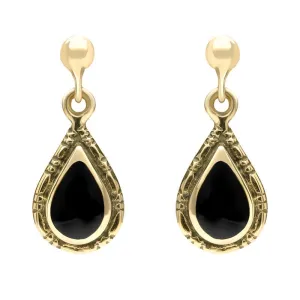 9ct Yellow Gold Whitby Jet Small Pear Drop Earrings