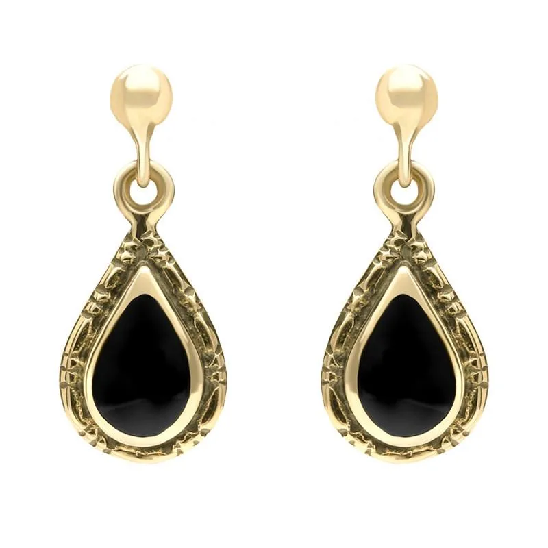9ct Yellow Gold Whitby Jet Small Pear Drop Earrings