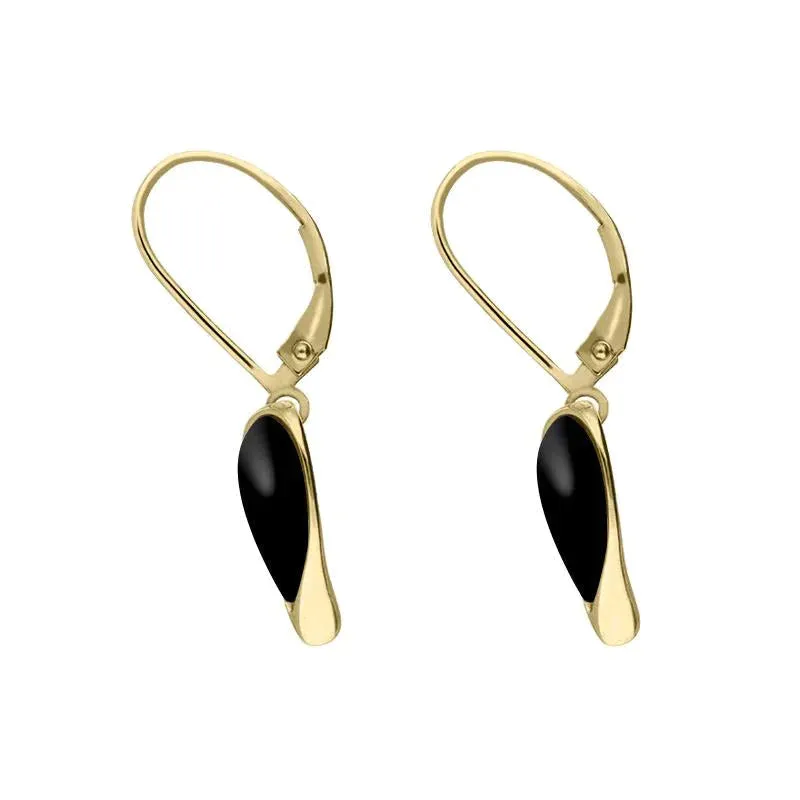9ct Yellow Gold Whitby Jet Swirl Heart Hook Drop Earrings