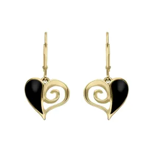 9ct Yellow Gold Whitby Jet Swirl Heart Hook Drop Earrings