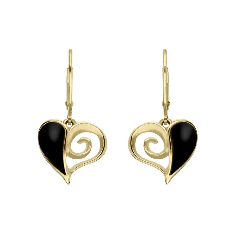9ct Yellow Gold Whitby Jet Swirl Heart Hook Drop Earrings