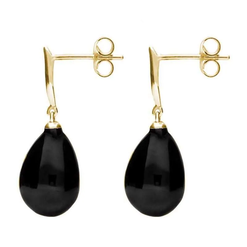 9ct Yellow Gold Whitby Jet Tapered Top Pear Drop Stud Earrings