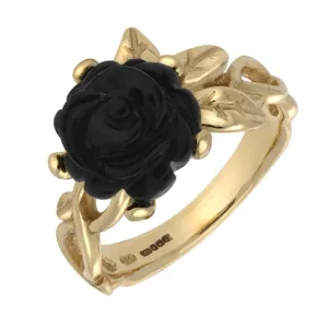 9ct Yellow Gold Whitby Jet Tuberose 10mm Rose Leaf Twist Ring