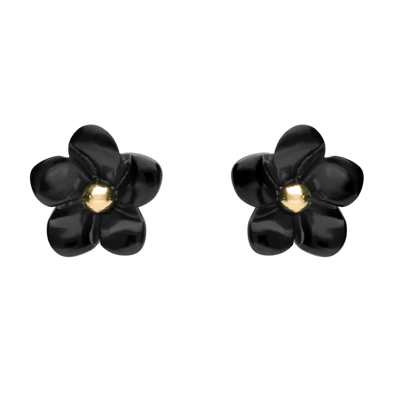 9ct Yellow Gold Whitby Jet Tuberose 8mm Flower Stud Earrings