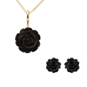 9ct Yellow Gold Whitby Jet Tuberose Rose Two Piece Set