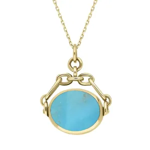9ct Yellow Gold Whitby Jet Turquoise Double Sided Swivel Fob Necklace