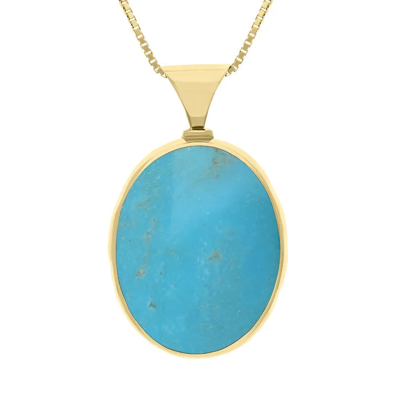 9ct Yellow Gold Whitby Jet Turquoise King's Coronation Hallmark Double Sided Oval Necklace D