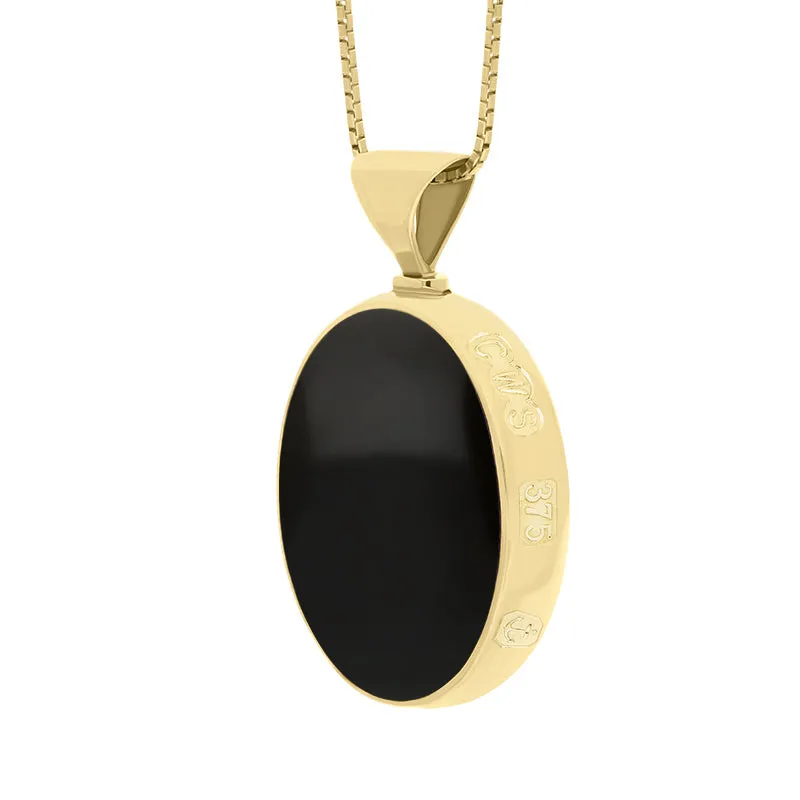 9ct Yellow Gold Whitby Jet Turquoise King's Coronation Hallmark Double Sided Oval Necklace D