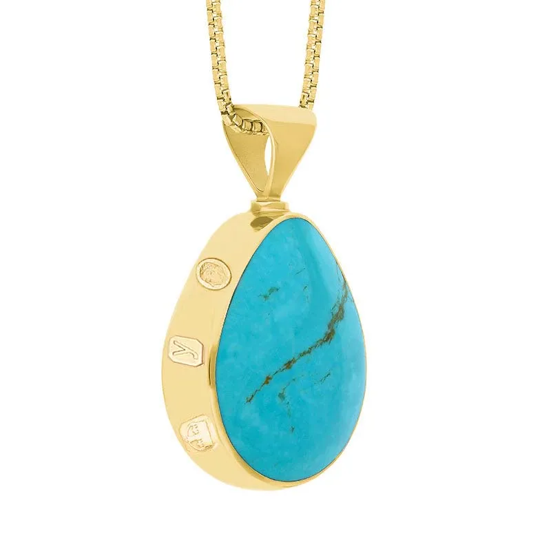 9ct Yellow Gold Whitby Jet Turquoise King's Coronation Hallmark Double Sided Pear-shaped Necklace D