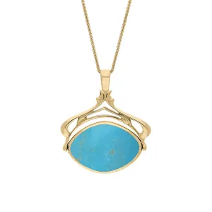 9ct Yellow Gold Whitby Jet Turquoise Marquise Swivel Fob Necklace