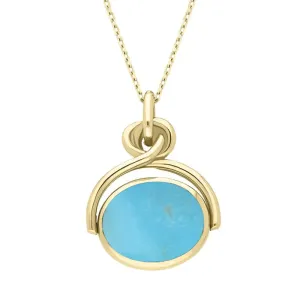 9ct Yellow Gold Whitby Jet Turquoise Oval Swivel Fob Necklace