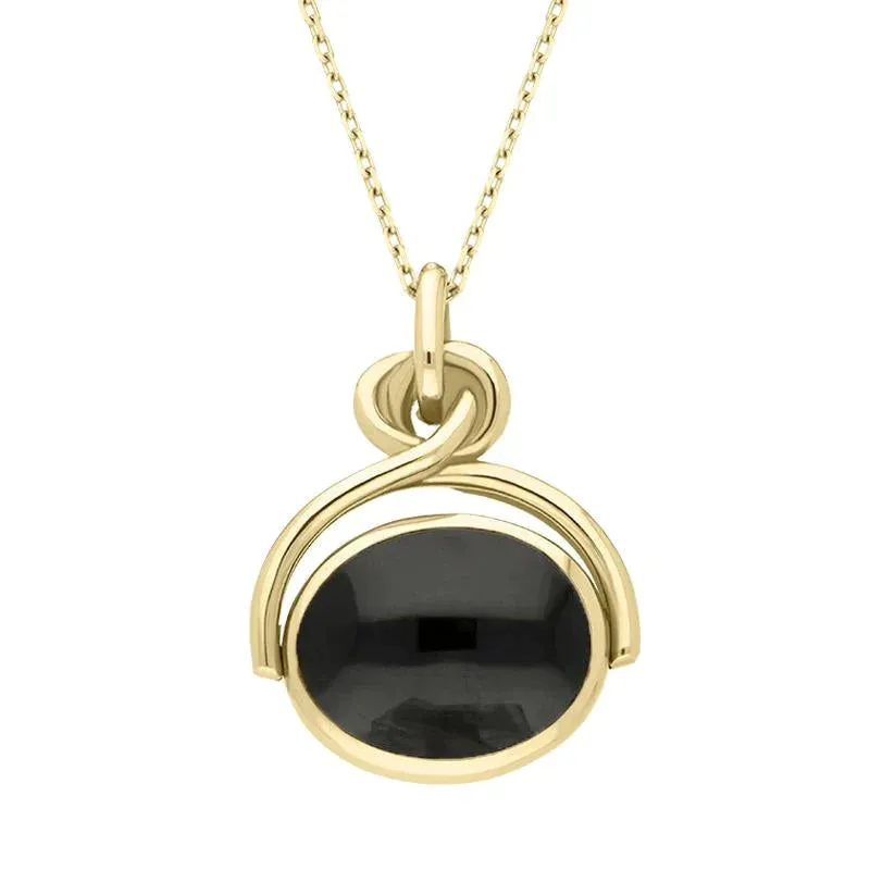 9ct Yellow Gold Whitby Jet Turquoise Oval Swivel Fob Necklace
