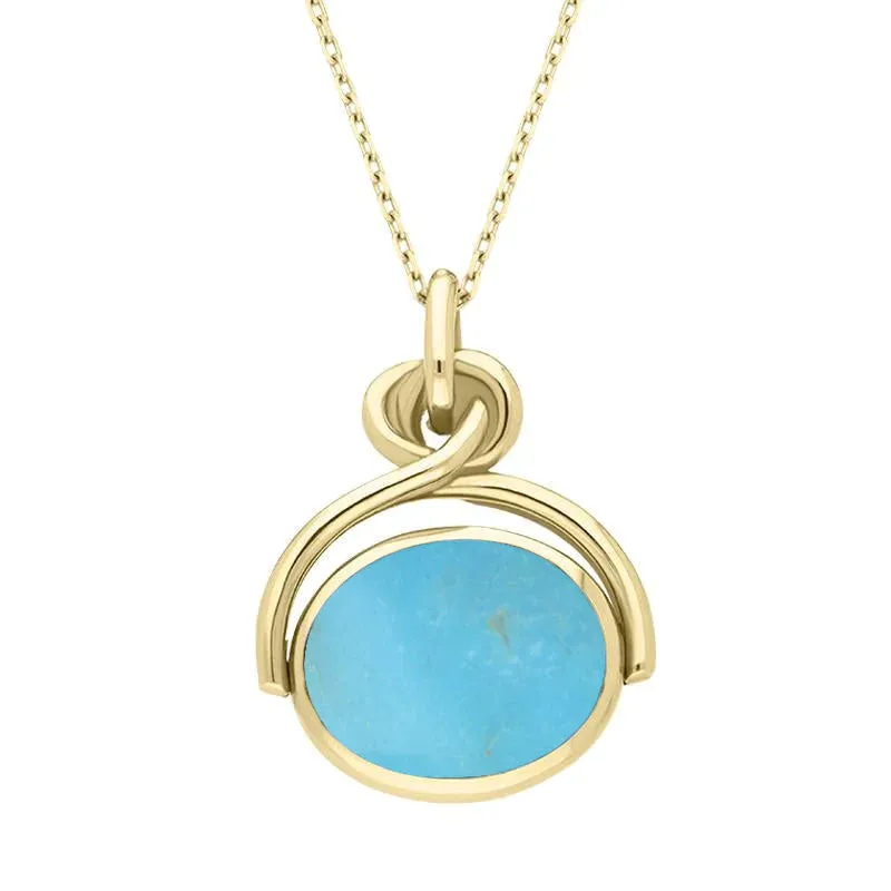 9ct Yellow Gold Whitby Jet Turquoise Oval Swivel Fob Necklace