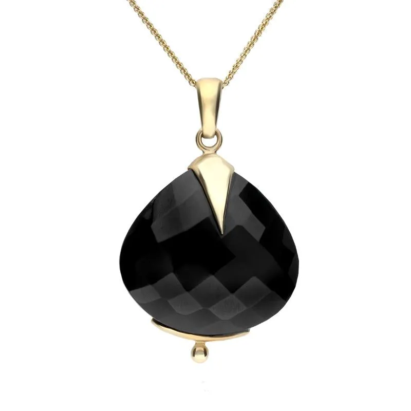 9ct Yellow Gold Whitby Jet Unique Wide Faceted Pear Shaped Necklace