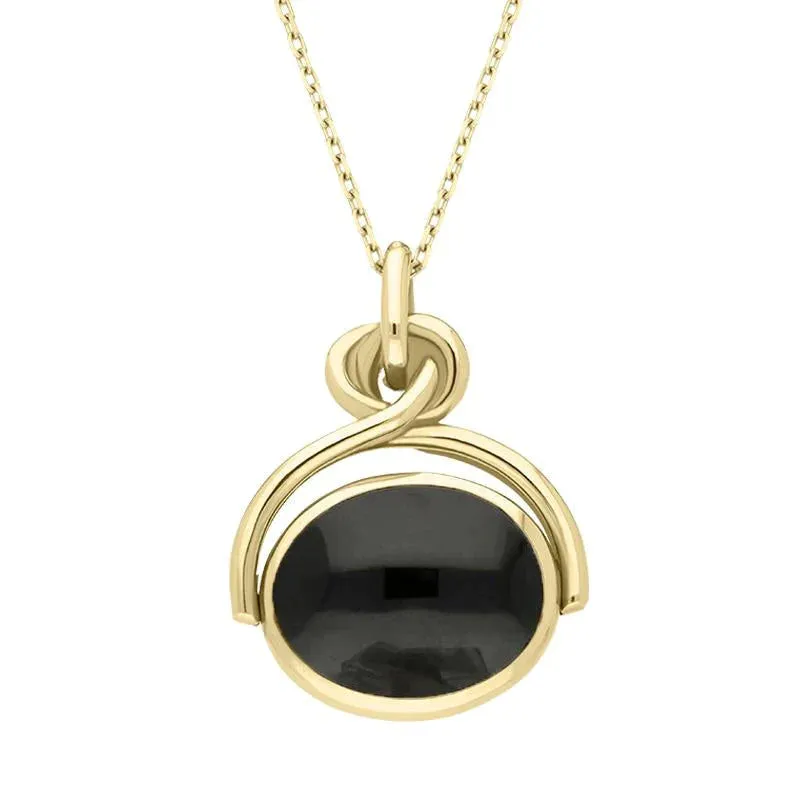 9ct Yellow Gold Whitby Jet White Mother of Pearl Oval Swivel Fob Necklace