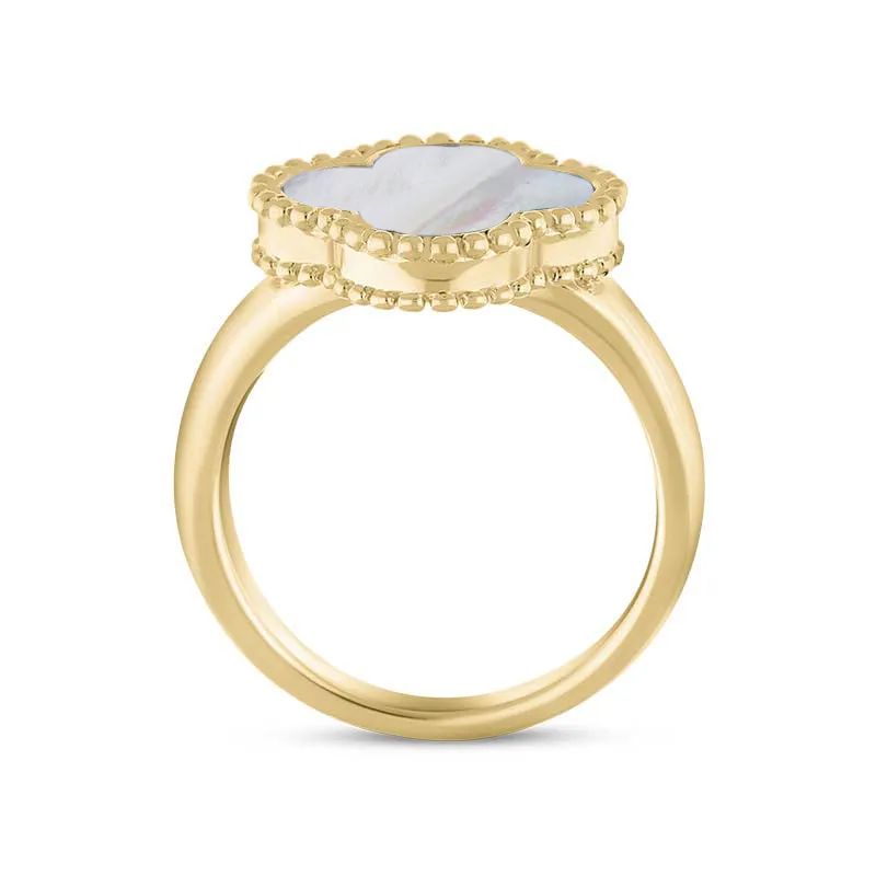 9ct Yellow Gold White Mother of Pearl Bloom Four Leaf Clover Ball Edge Ring