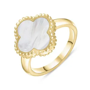 9ct Yellow Gold White Mother of Pearl Bloom Four Leaf Clover Ball Edge Ring