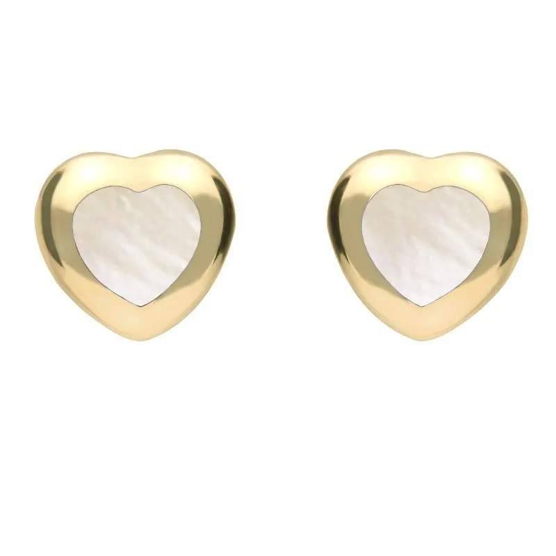 9ct Yellow Gold White Mother of Pearl Framed Heart Stud Earrings