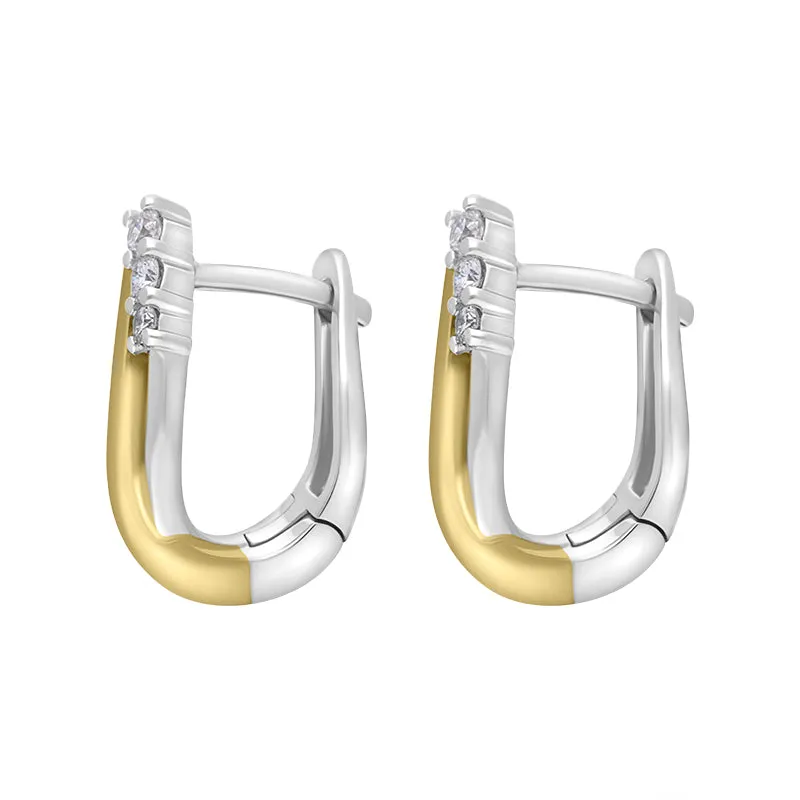 9ct Yellow White Gold Diamond 14x10mm Twisted Horseshoe Hoop Earrings